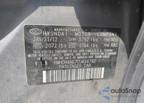 2012 Hyundai Elantra Gls (Ulsan Plant) from USA, damaged, VIN KMHDH4AE7CU434792